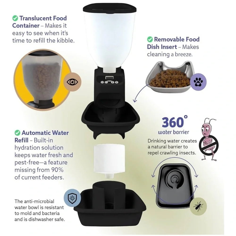 Brand New Automatic Dog Cat Pet Feeder w/ Water Dispenser Black Battery Operated